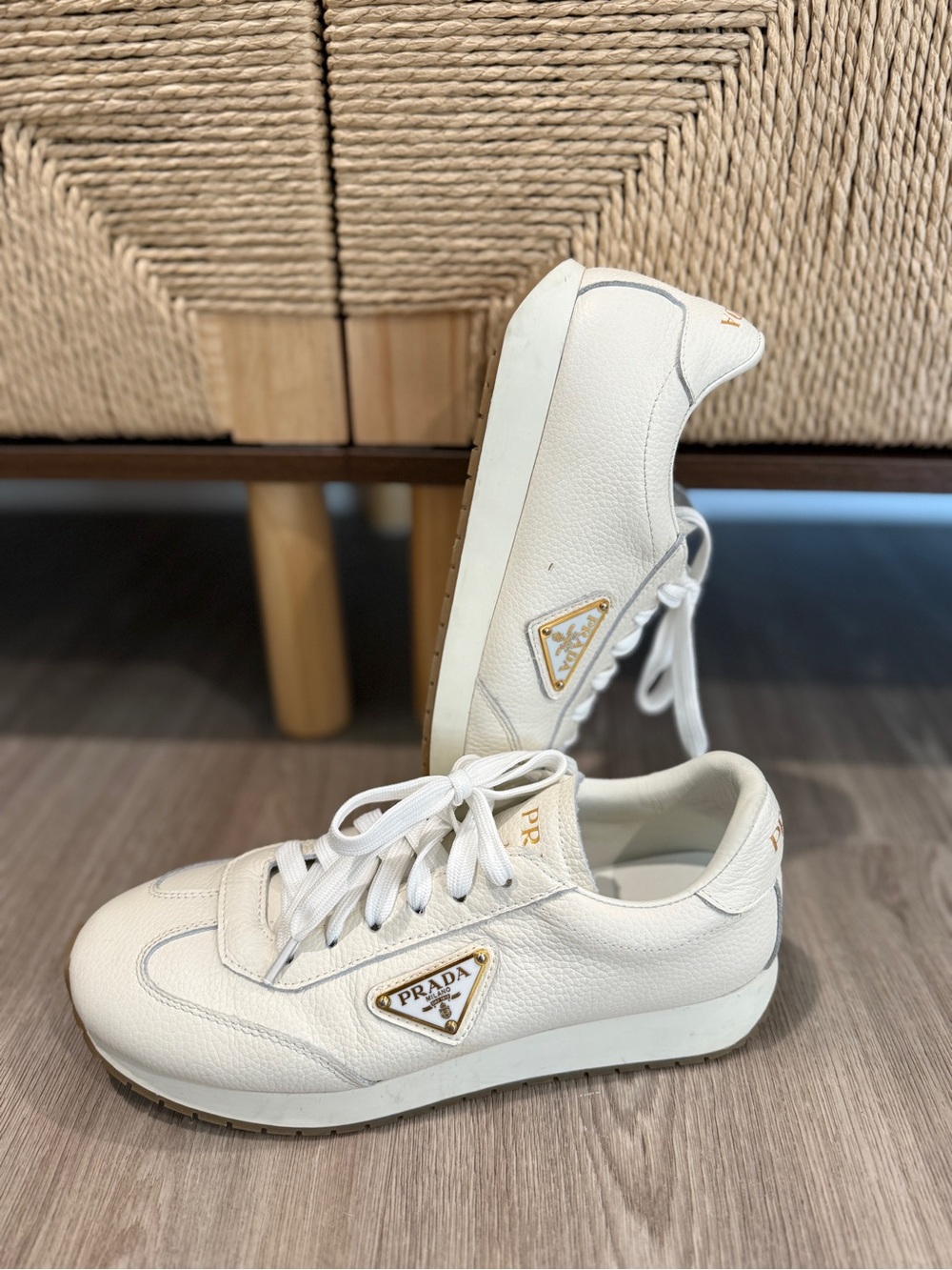Used P White Leather Low-Top Sneakers with Gold Logo